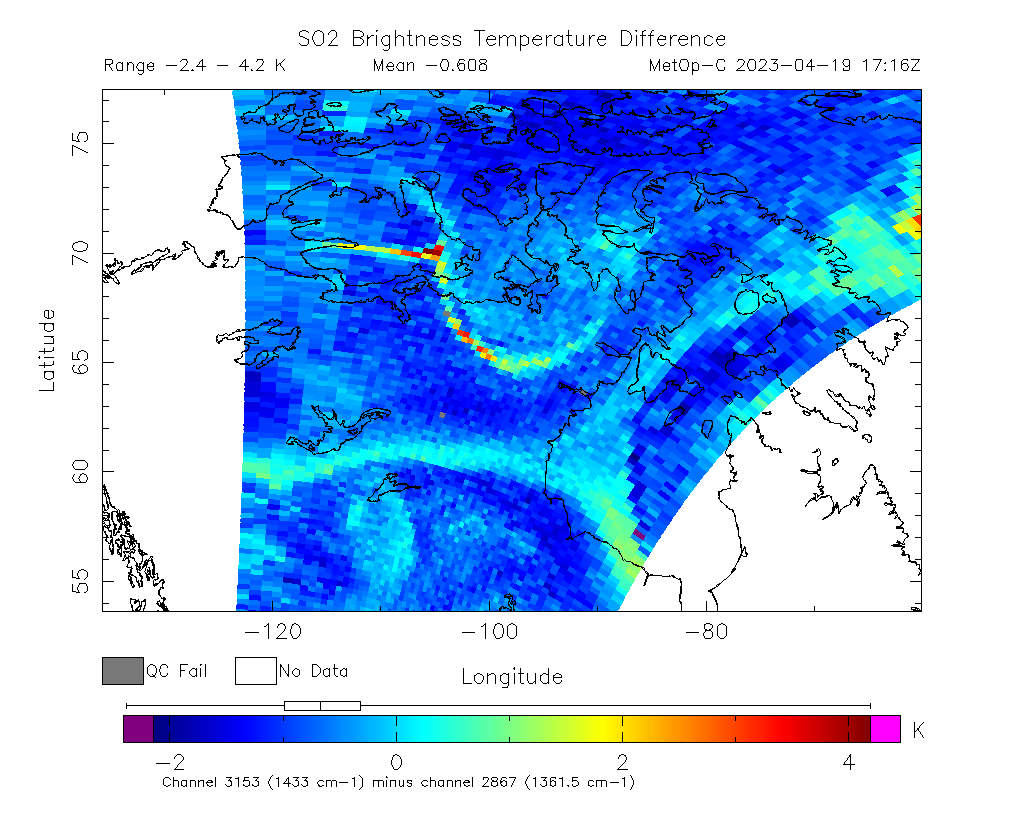 SO2 Brightness Temperature Difference 2023-04-19 17:16Z