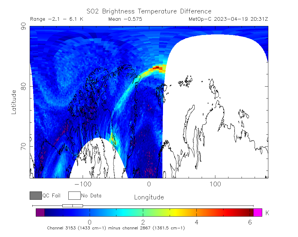 SO2 Brightness Temperature Difference 2023-04-19 20:31Z