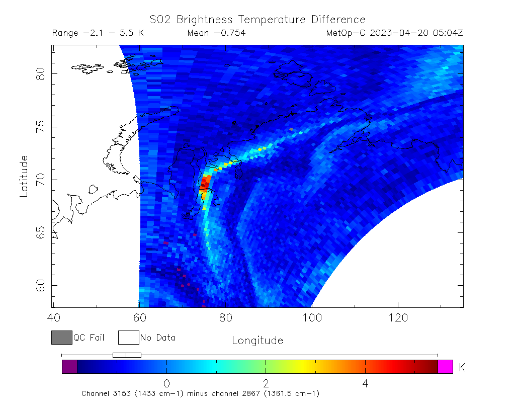 SO2 Brightness Temperature Difference 2023-04-20 05:04Z