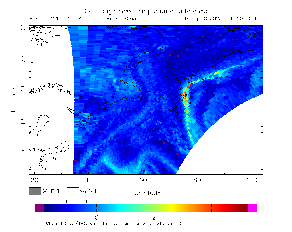SO2 Brightness Temperature Difference 2023-04-20 06:46Z