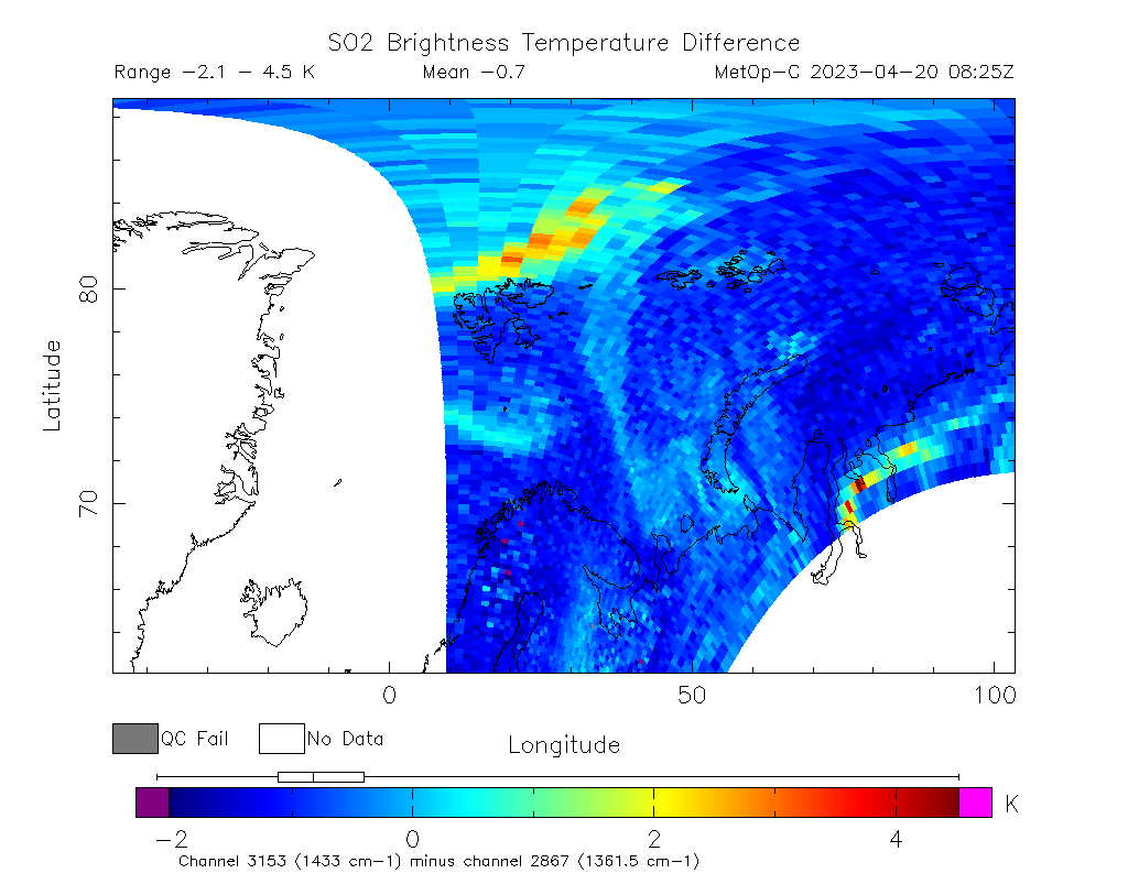 SO2 Brightness Temperature Difference 2023-04-20 08:25Z