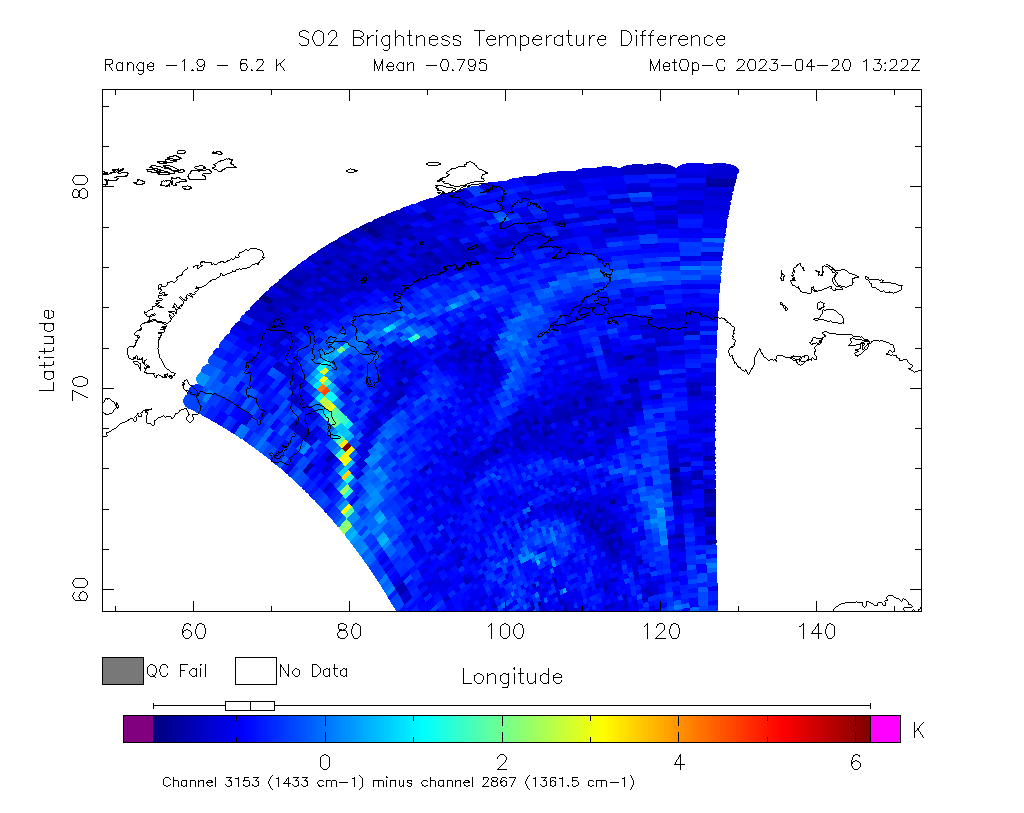 SO2 Brightness Temperature Difference 2023-04-20 13:22Z