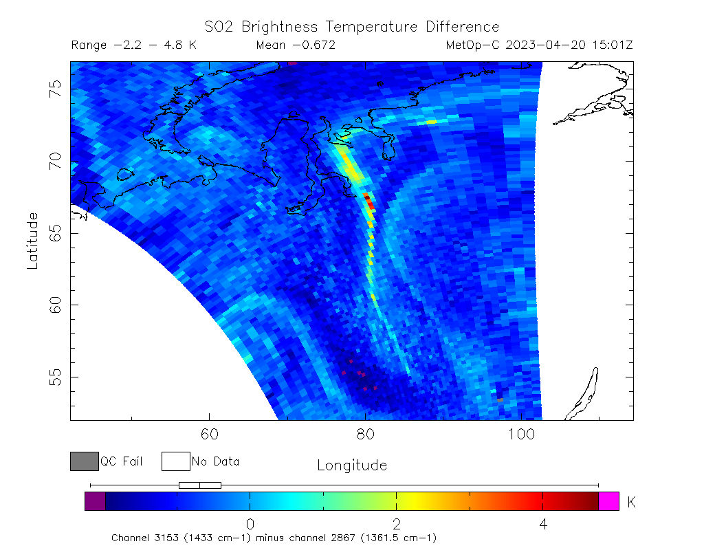 SO2 Brightness Temperature Difference 2023-04-20 15:01Z