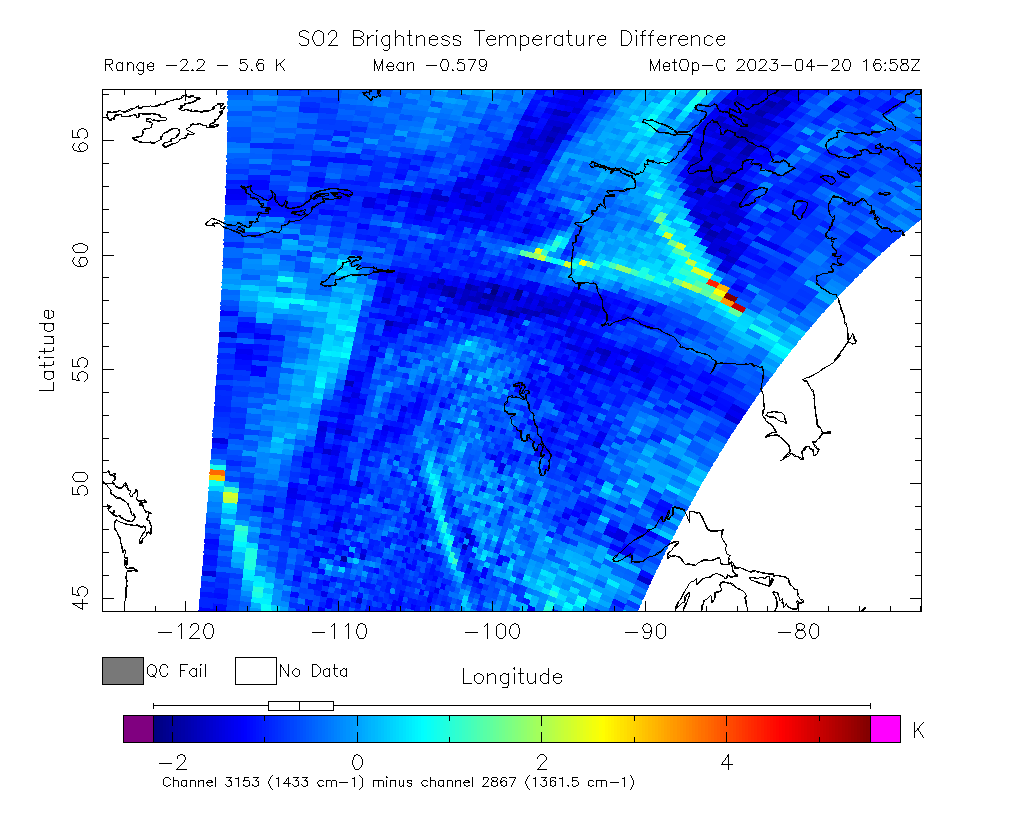 SO2 Brightness Temperature Difference 2023-04-20 16:58Z