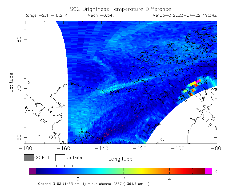 SO2 Brightness Temperature Difference 2023-04-22 19:34Z