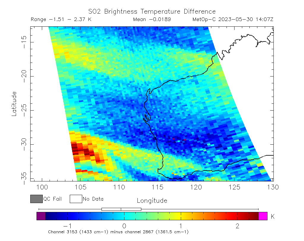 SO2 Brightness Temperature Difference 2023-05-30 14:07Z