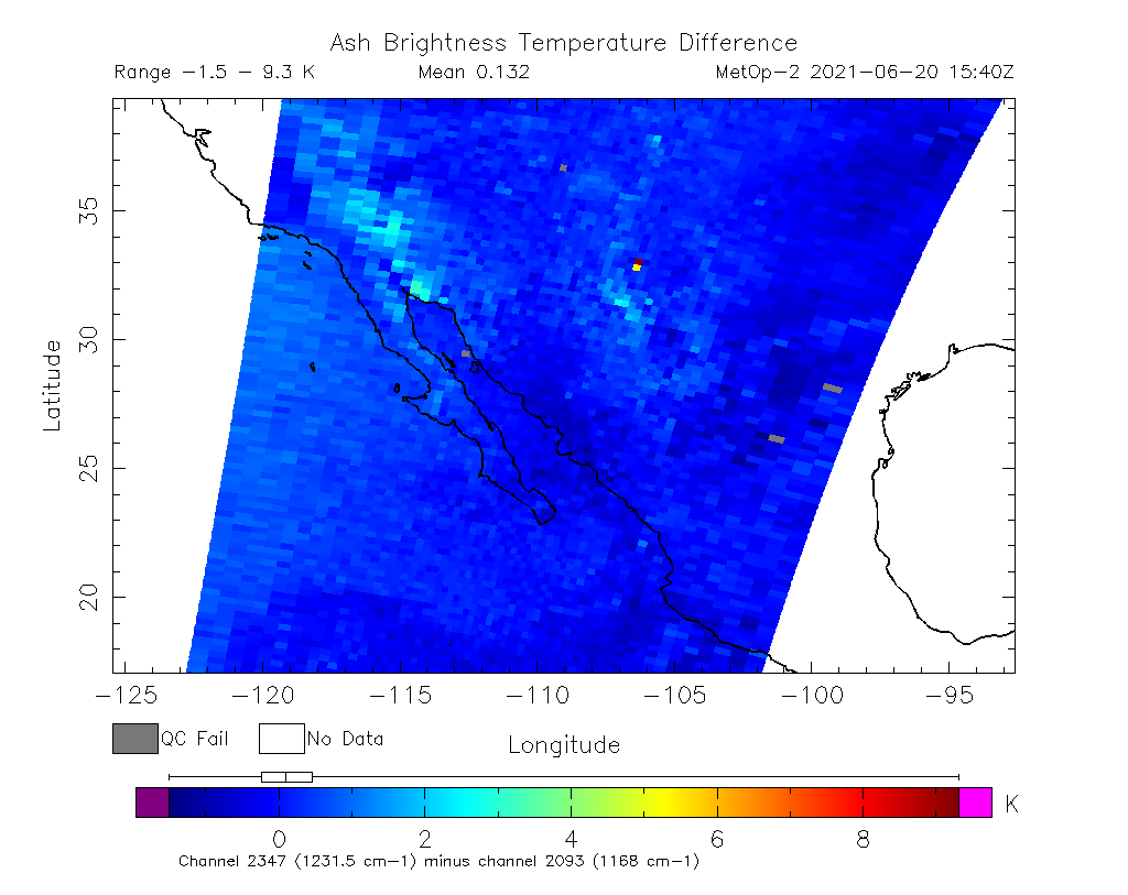 Ash Brightness Temperature Difference 2021-06-20 15:40Z