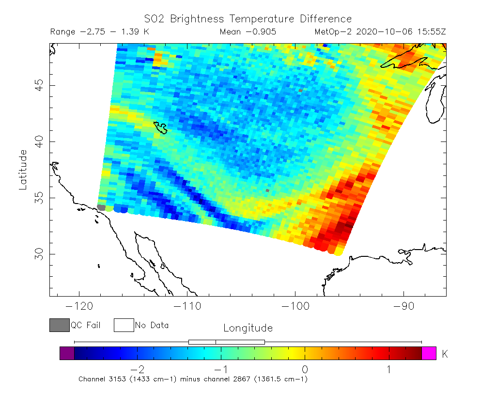 SO2 Brightness Temperature Difference 2020-10-06 15:55Z