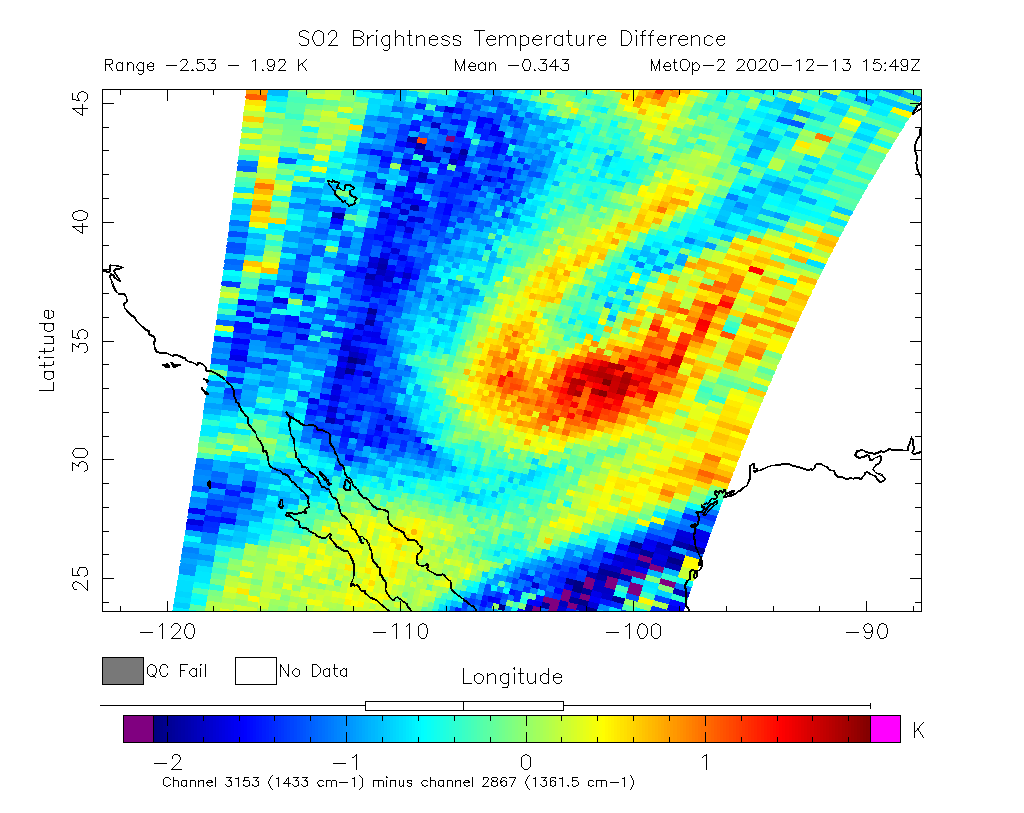 SO2 Brightness Temperature Difference 2020-12-13 15:49Z