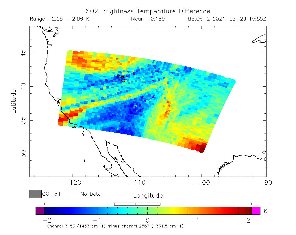 SO2 Brightness Temperature Difference 2021-03-29 15:55Z