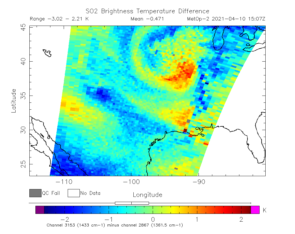 SO2 Brightness Temperature Difference 2021-04-10 15:07Z