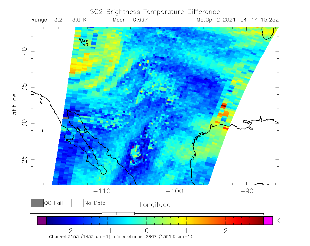 SO2 Brightness Temperature Difference 2021-04-14 15:25Z