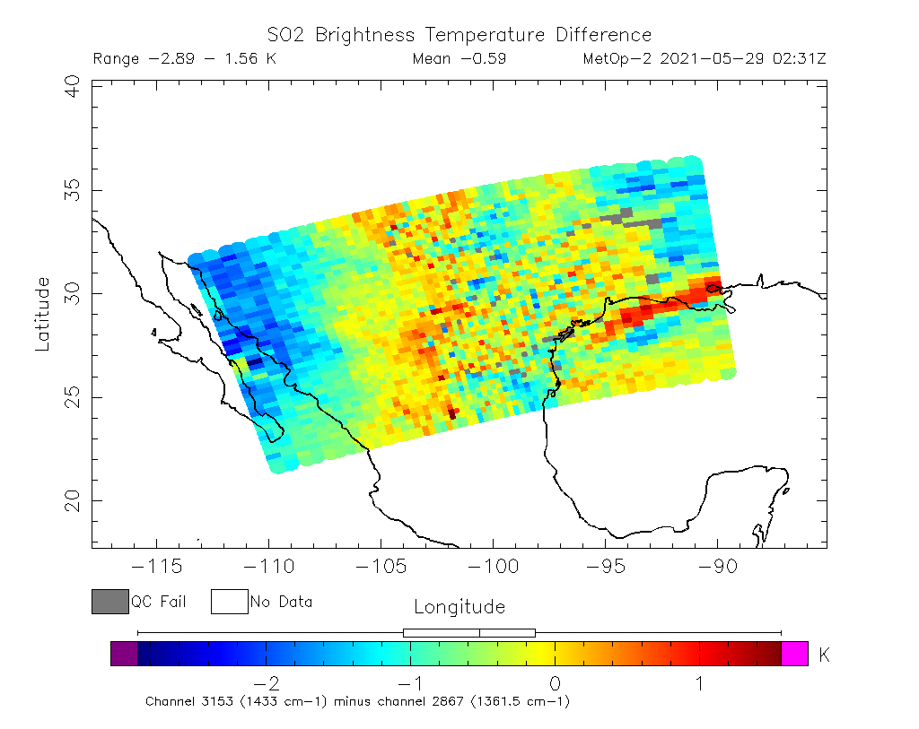 SO2 Brightness Temperature Difference 2021-05-29 02:31Z