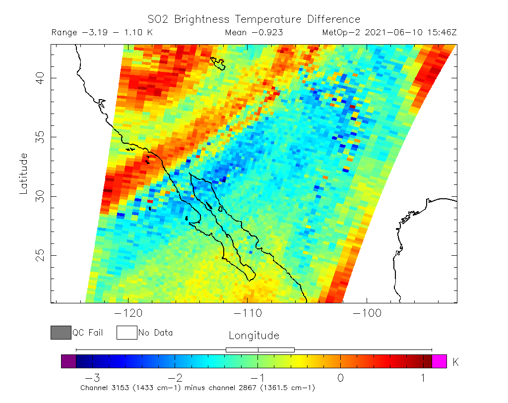 SO2 Brightness Temperature Difference 2021-06-10 15:46Z