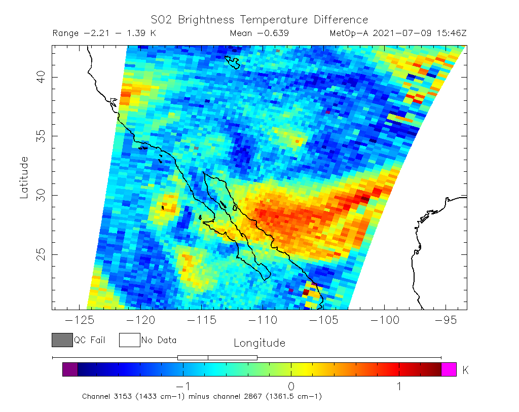 SO2 Brightness Temperature Difference 2021-07-09 15:46Z