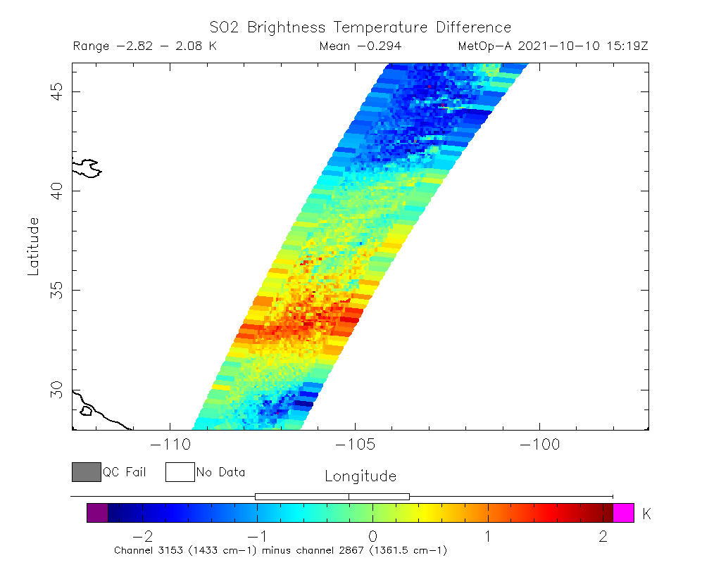 SO2 Brightness Temperature Difference 2021-10-10 15:19Z