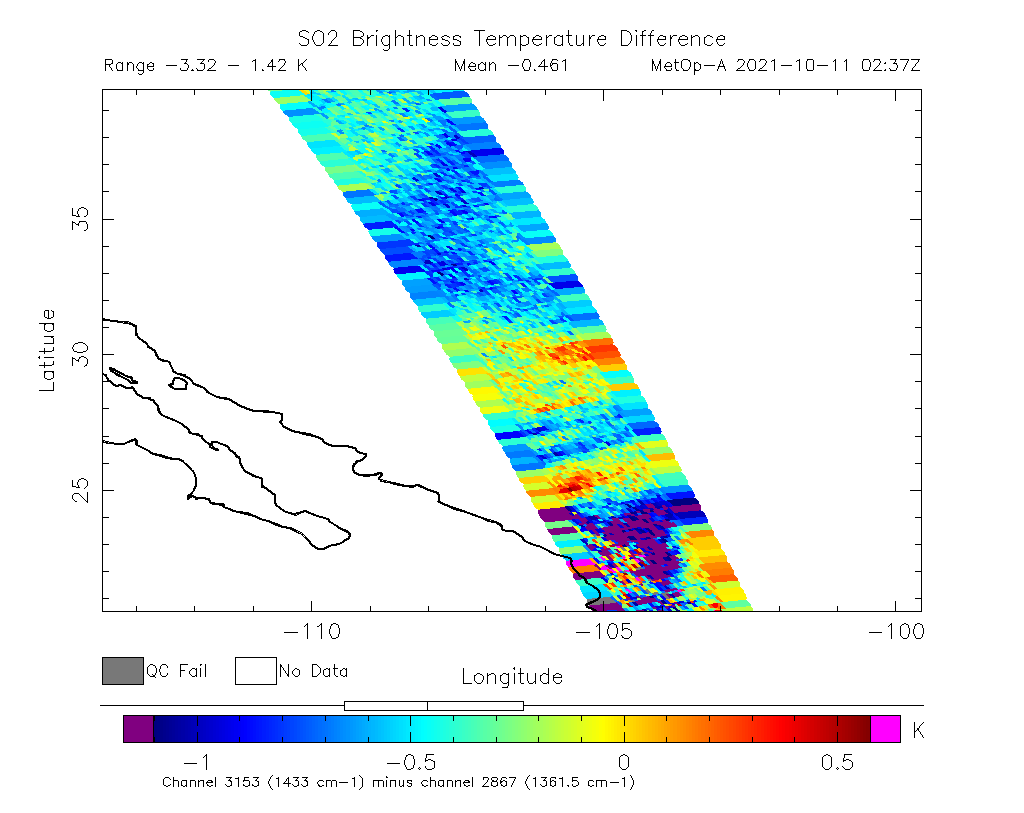 SO2 Brightness Temperature Difference 2021-10-11 02:37Z