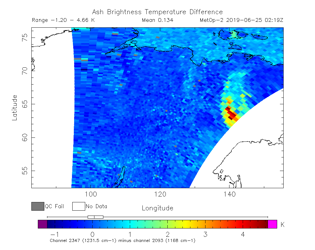 Ash Brightness Temperature Difference 2019-06-25 02:19Z