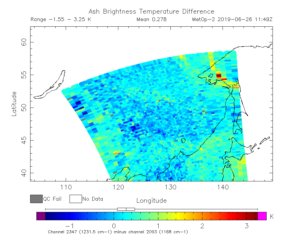 Ash Brightness Temperature Difference 2019-06-26 11:49Z