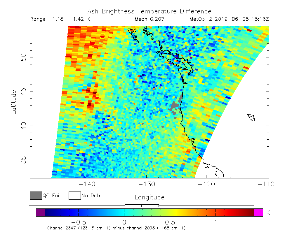 Ash Brightness Temperature Difference 2019-06-28 18:16Z