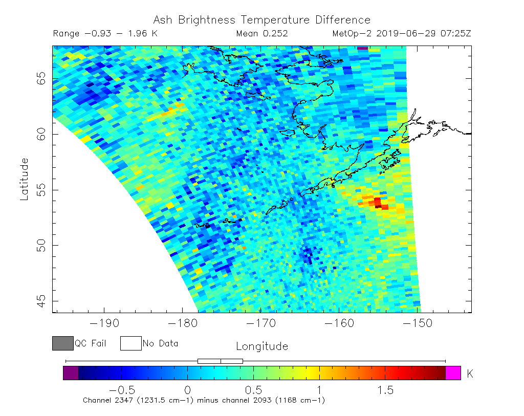 Ash Brightness Temperature Difference 2019-06-29 07:25Z