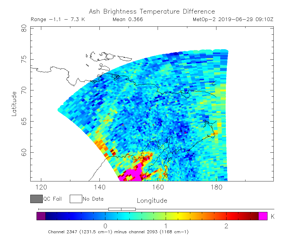 Ash Brightness Temperature Difference 2019-06-29 09:10Z
