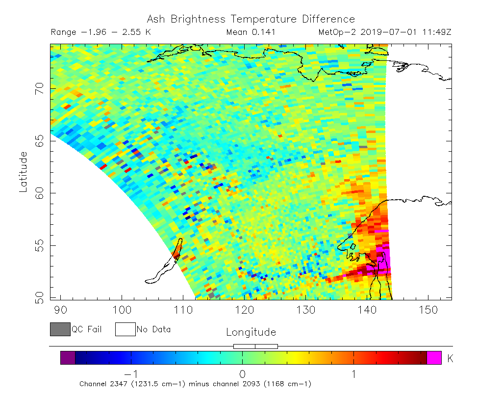 Ash Brightness Temperature Difference 2019-07-01 11:49Z