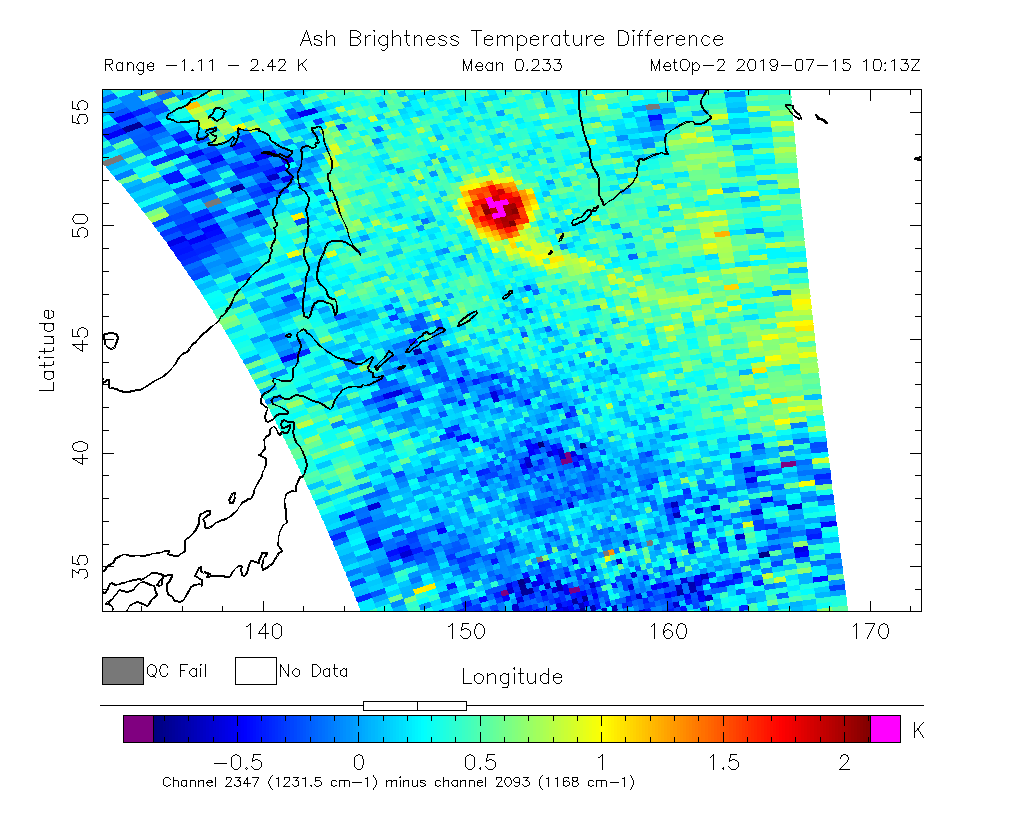 Ash Brightness Temperature Difference 2019-07-15 10:13Z
