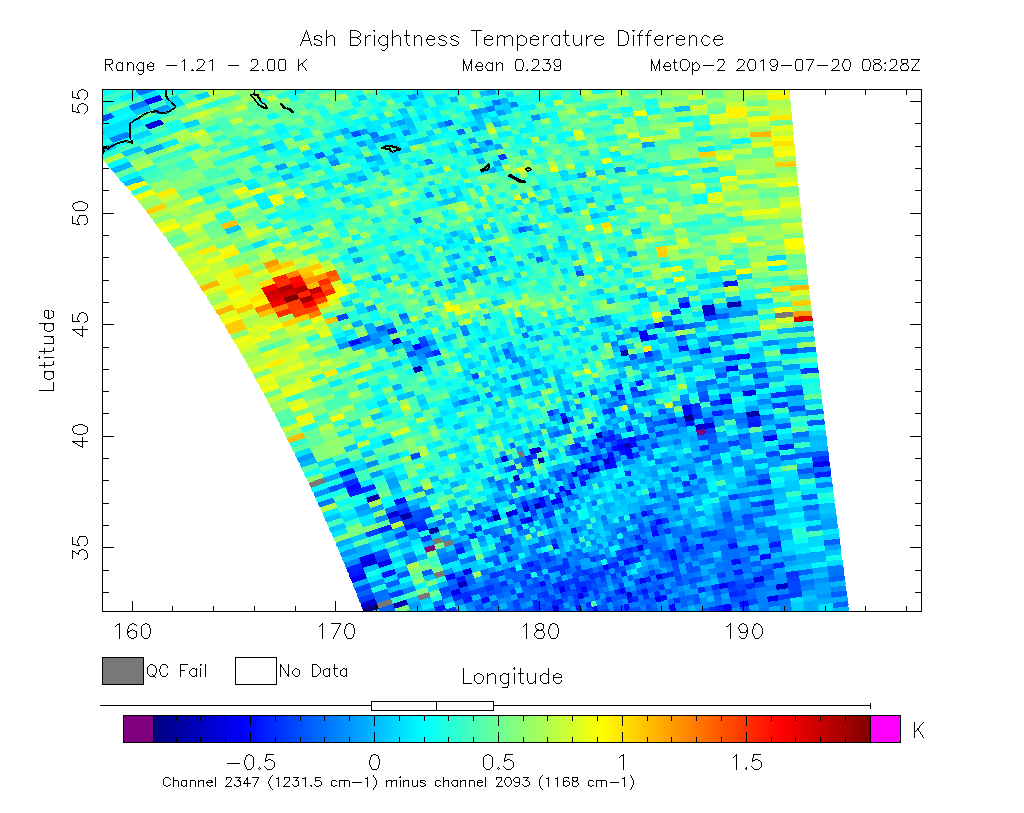 Ash Brightness Temperature Difference 2019-07-20 08:28Z