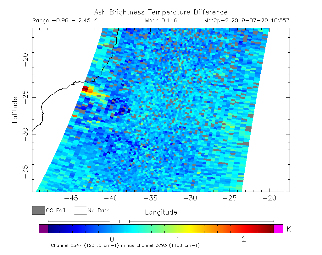 Ash Brightness Temperature Difference 2019-07-20 10:55Z
