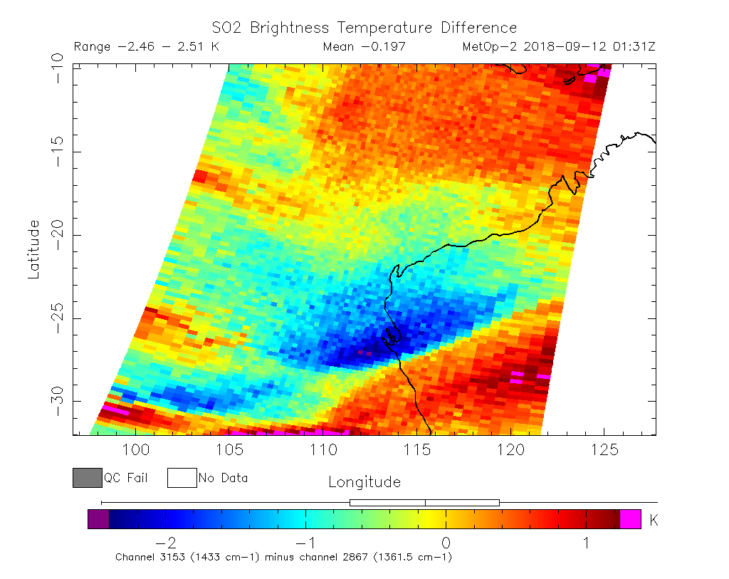 SO2 Brightness Temperature Difference 2018-09-12 01:31Z