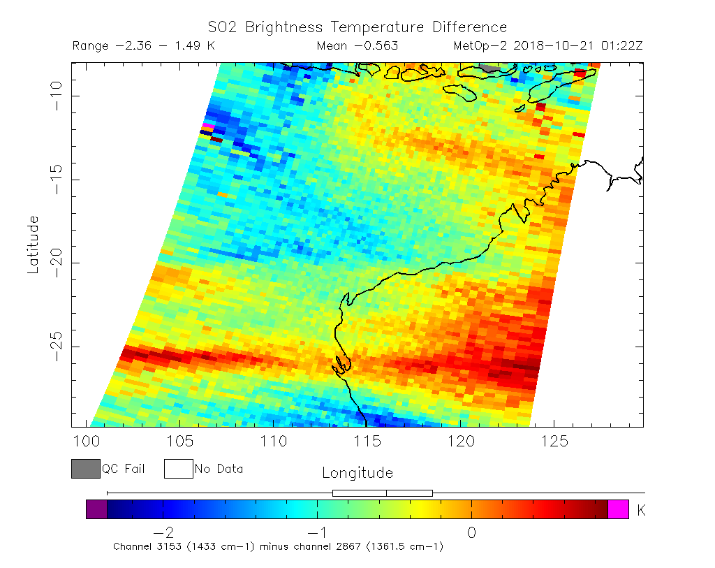 SO2 Brightness Temperature Difference 2018-10-21 01:22Z