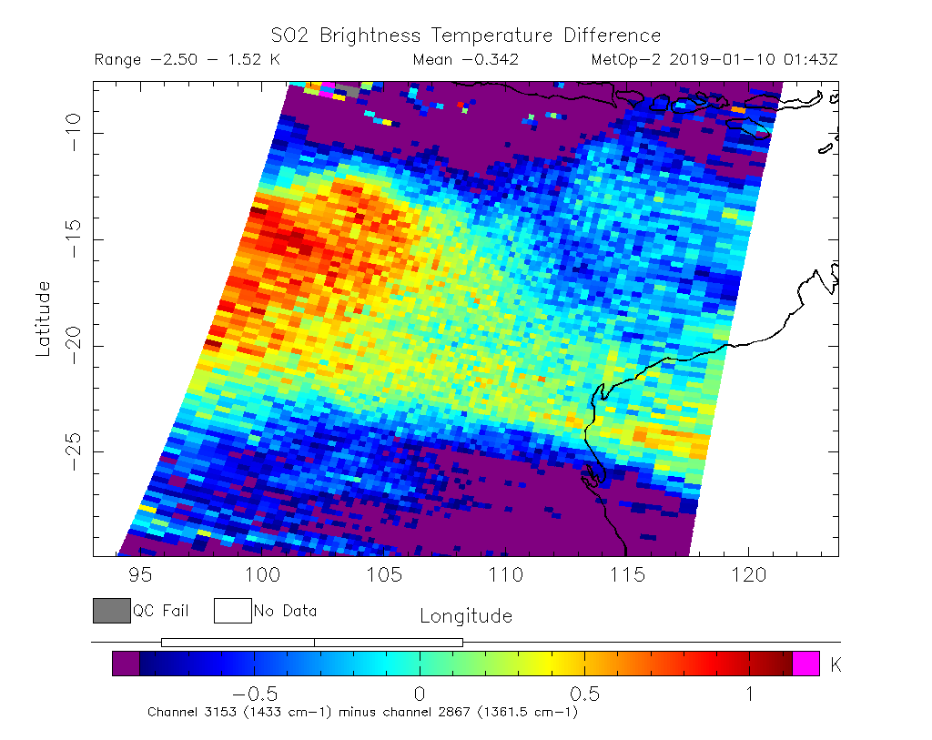 SO2 Brightness Temperature Difference 2019-01-10 01:43Z