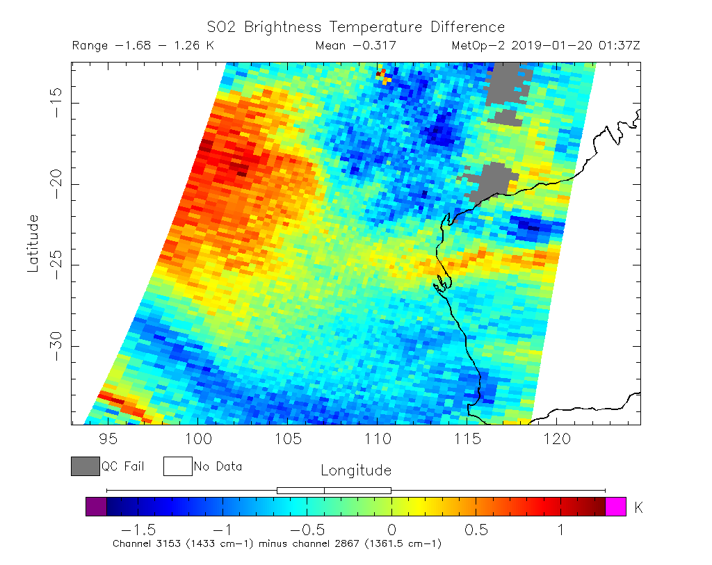 SO2 Brightness Temperature Difference 2019-01-20 01:37Z