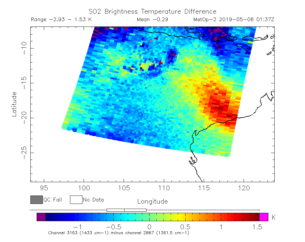 SO2 Brightness Temperature Difference 2019-05-06 01:37Z