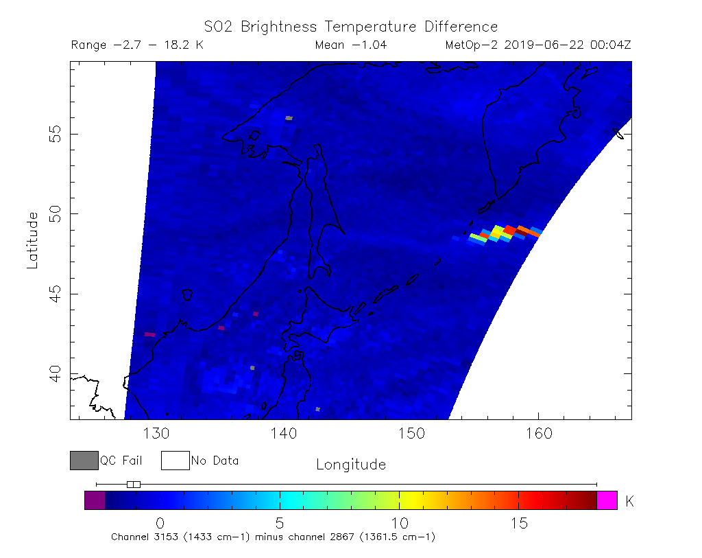 SO2 Brightness Temperature Difference 2019-06-22 00:04Z