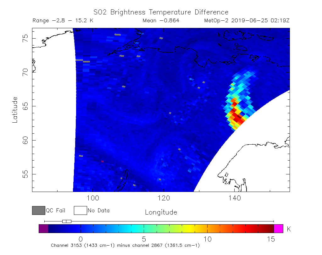 SO2 Brightness Temperature Difference 2019-06-25 02:19Z