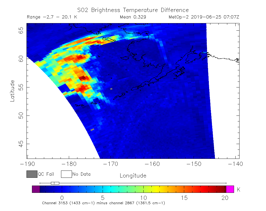 SO2 Brightness Temperature Difference 2019-06-25 07:07Z