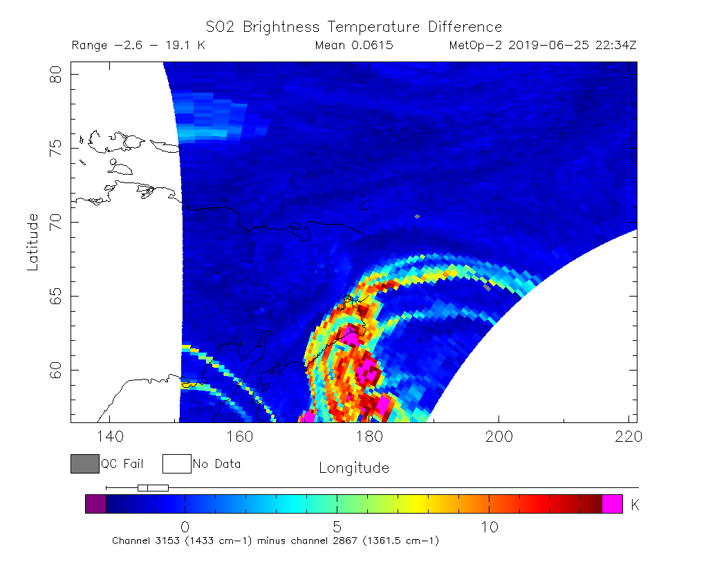 SO2 Brightness Temperature Difference 2019-06-25 22:34Z