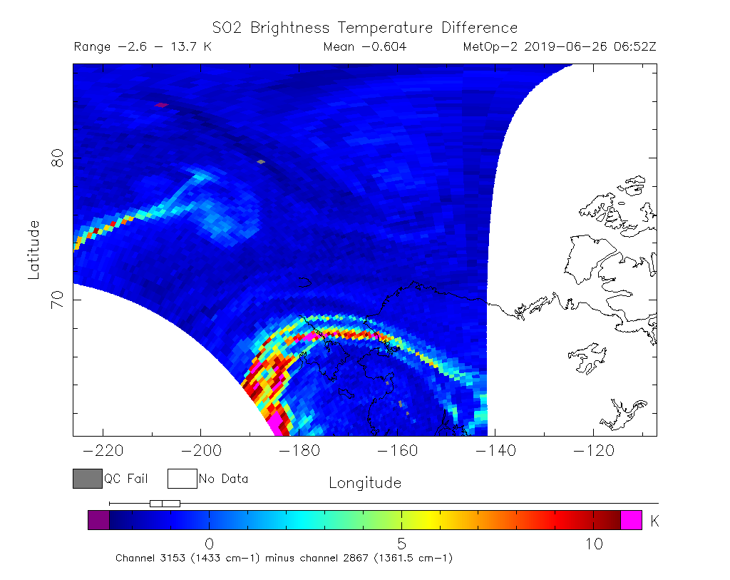 SO2 Brightness Temperature Difference 2019-06-26 06:52Z