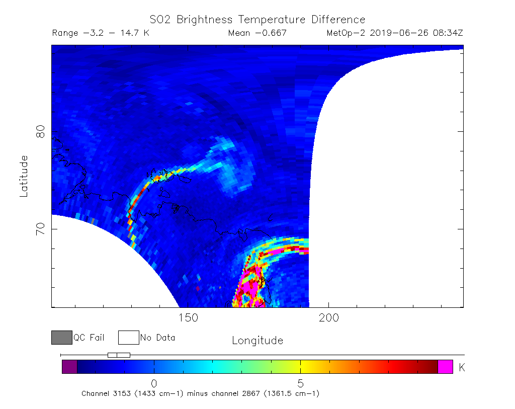 SO2 Brightness Temperature Difference 2019-06-26 08:34Z
