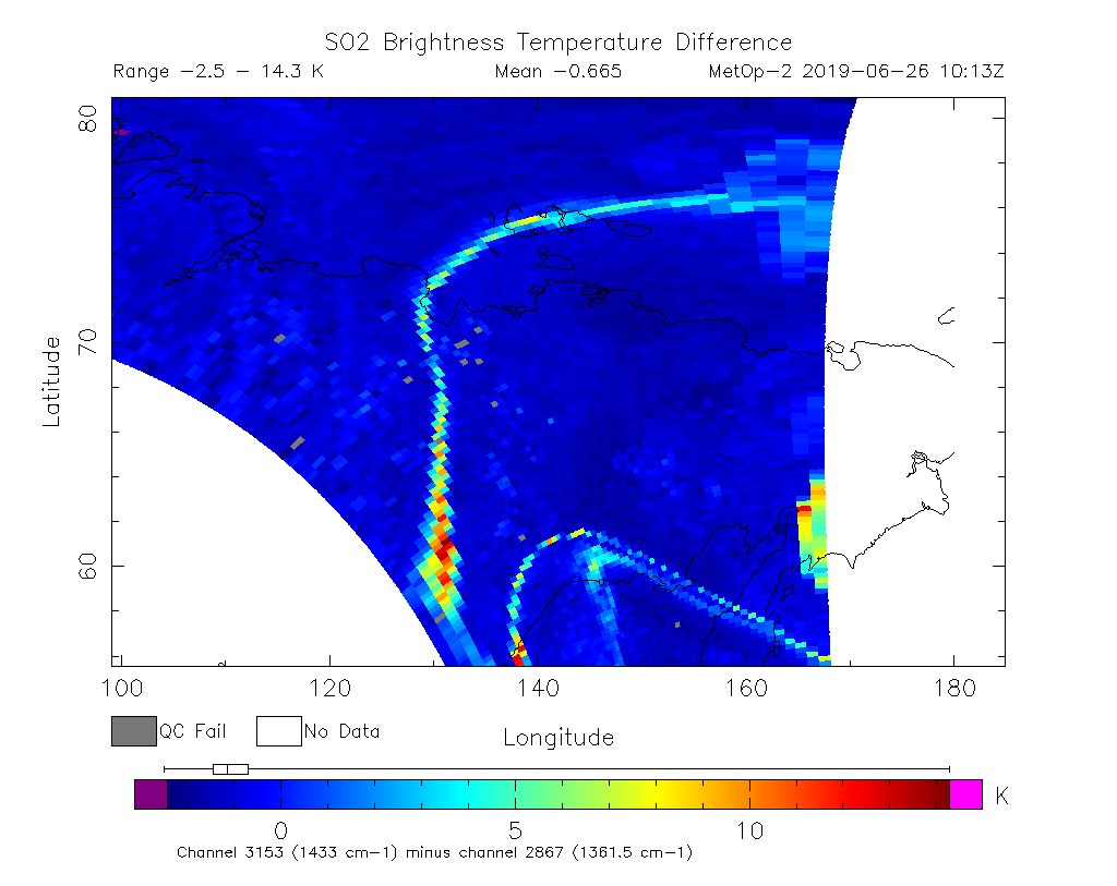 SO2 Brightness Temperature Difference 2019-06-26 10:13Z
