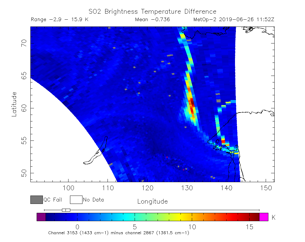 SO2 Brightness Temperature Difference 2019-06-26 11:52Z