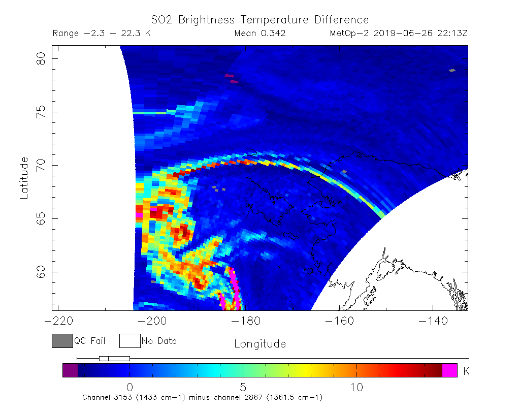 SO2 Brightness Temperature Difference 2019-06-26 22:13Z