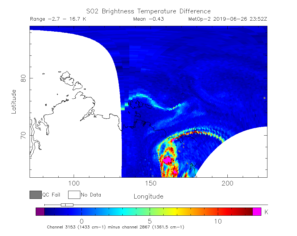 SO2 Brightness Temperature Difference 2019-06-26 23:52Z