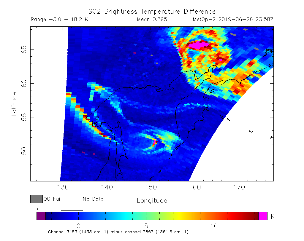 SO2 Brightness Temperature Difference 2019-06-26 23:58Z