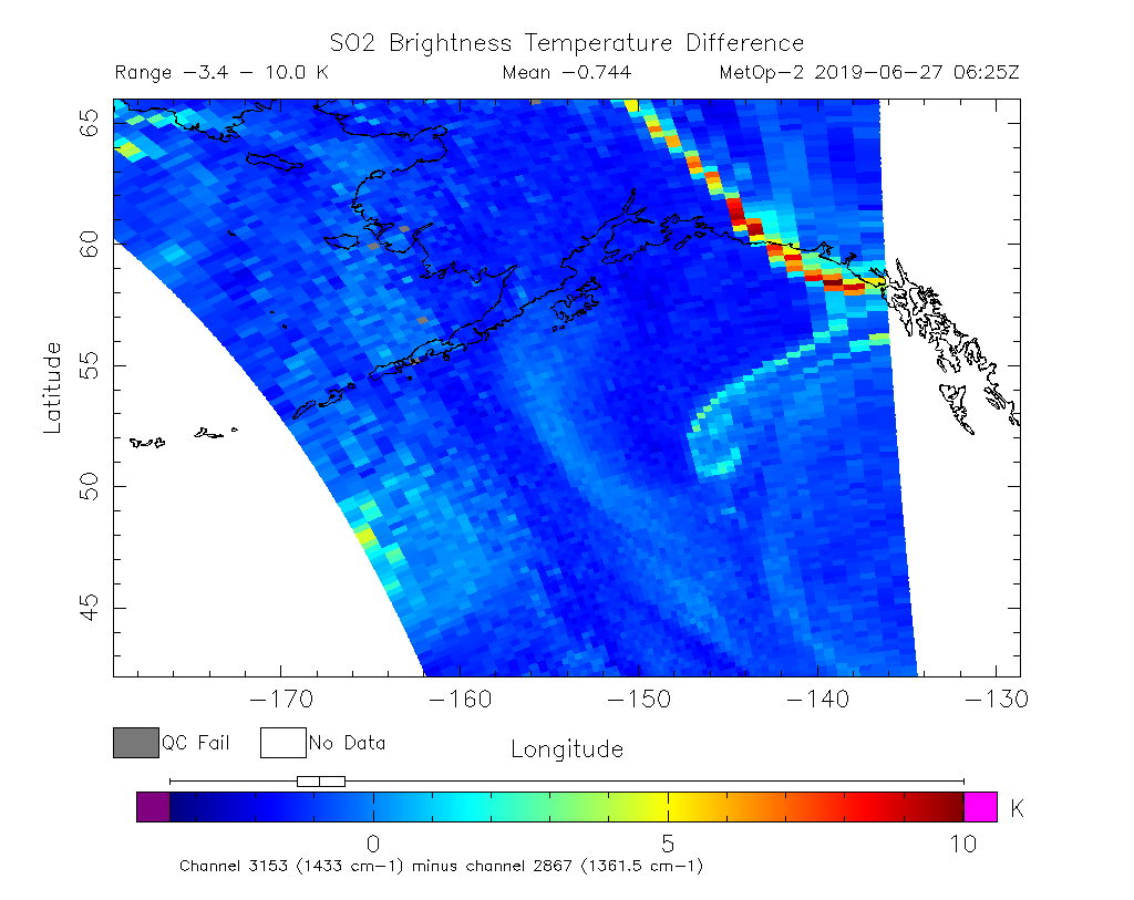 SO2 Brightness Temperature Difference 2019-06-27 06:25Z