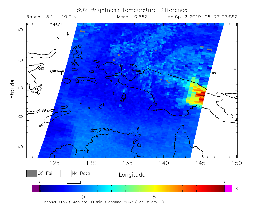 SO2 Brightness Temperature Difference 2019-06-27 23:55Z