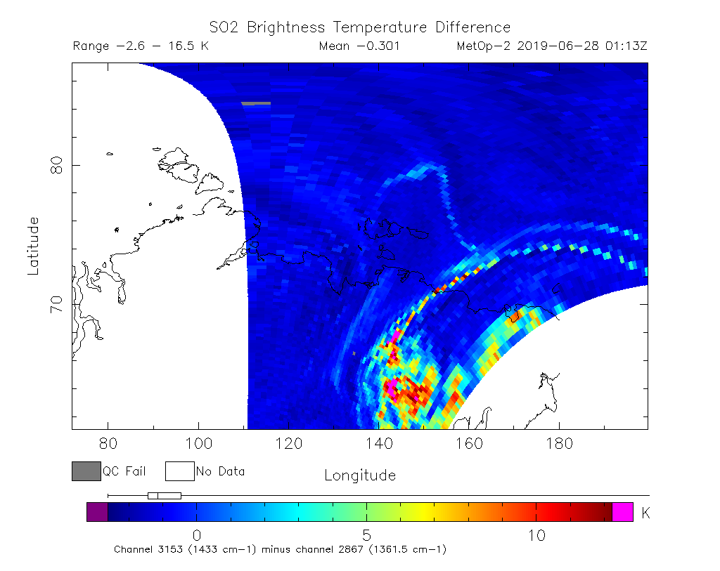 SO2 Brightness Temperature Difference 2019-06-28 01:13Z