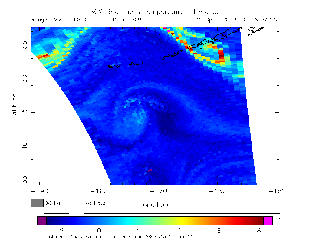 SO2 Brightness Temperature Difference 2019-06-28 07:43Z